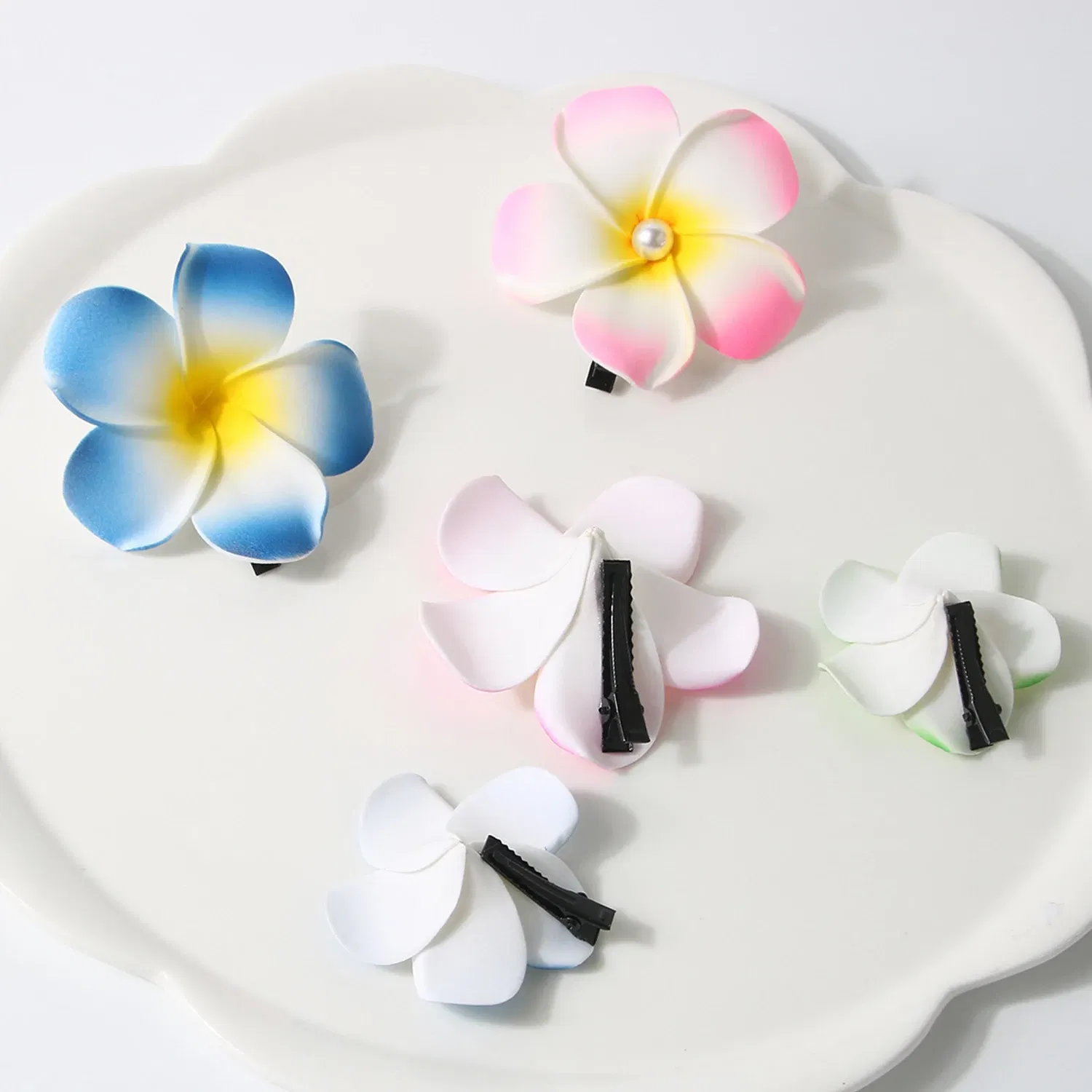Color: Yellow - 5.5/7/8/9cm Plumeria Flower Hair Clips For Girls Women Hairpins Egg Flower Barrette Hawaiian Wedding Artificial Headwear