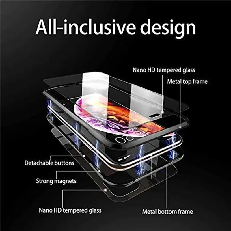 Color: Blue, Material: nylon - Magnetic Metal Case For iPhone 15 14 13 12 11 Pro 14Pro Max XS X XR 7 8 14Plus 12 Mini SE 2020 Double Sided Tempered Glass Cover