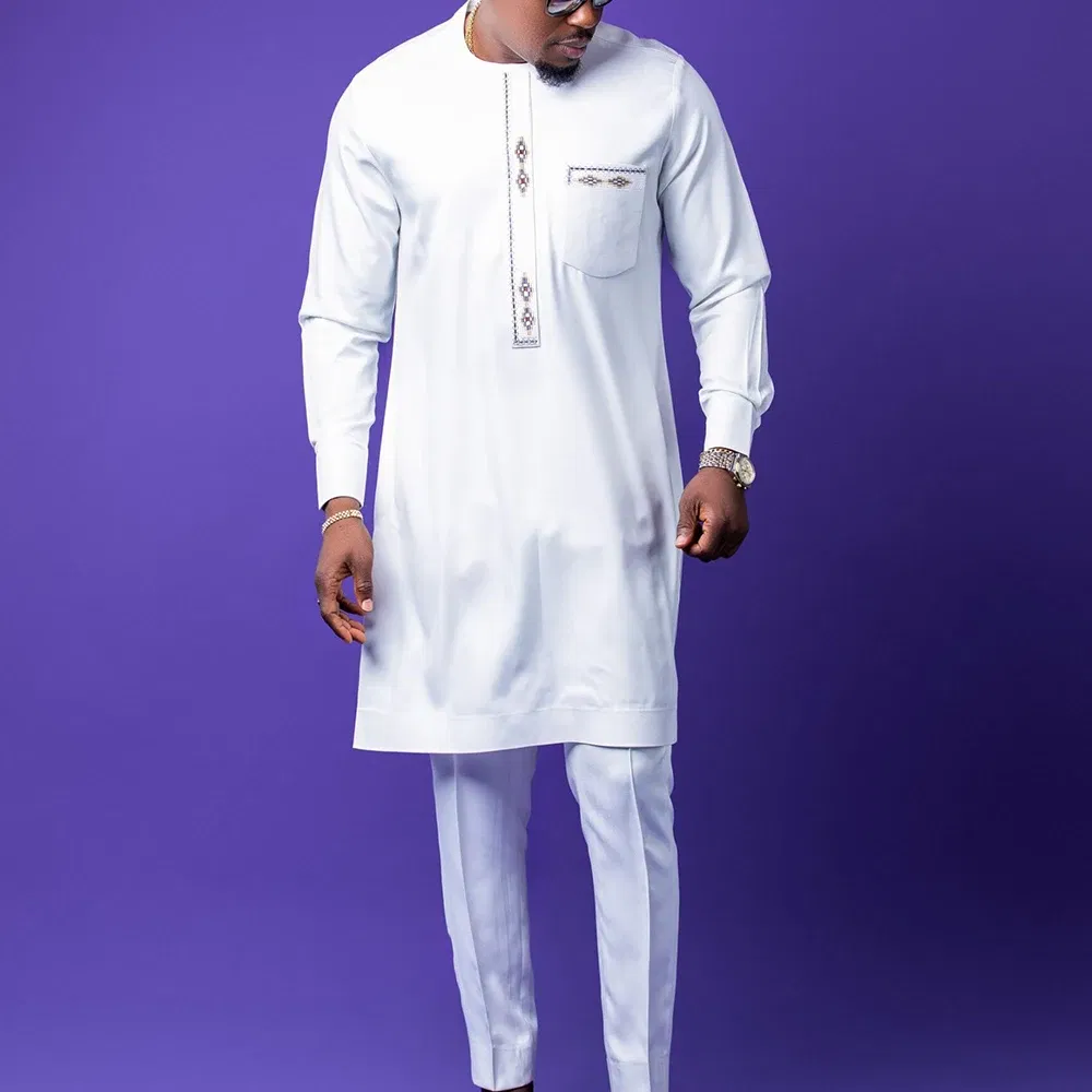 Color: Khaki, Size: L - 2024 New African Traditional Men's Set Elegant and Fashionable Men's Suit Casual Embroidery Two Piece Set Men's Suit Kaftan