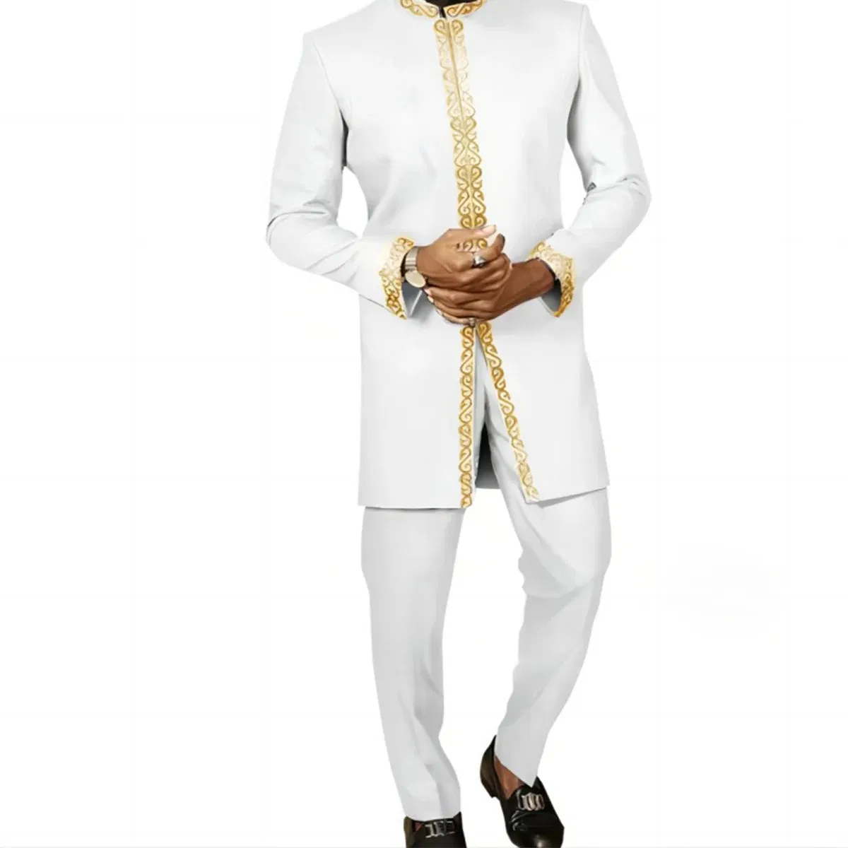 Color: Khaki, Size: L - 2024 New African Traditional Men's Set Elegant and Fashionable Men's Suit Casual Embroidery Two Piece Set Men's Suit Kaftan