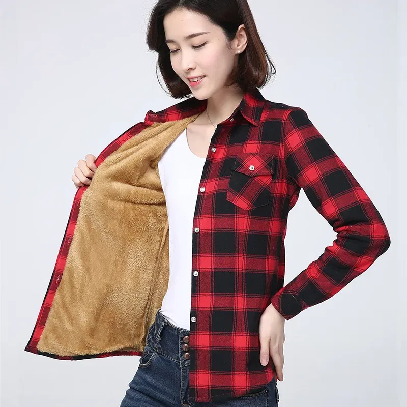 Color: Ivory, Size: XXL - 2025 Winter New Women's Warm Plaid Shirt Coat Casual Fleece Velvet Plus Thicke Jacket Tops College Style Woman Clothes Outerwear