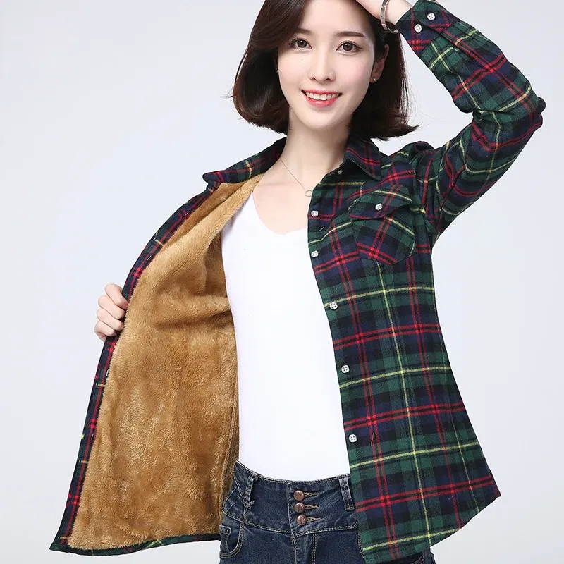 Color: Ivory, Size: XXL - 2025 Winter New Women's Warm Plaid Shirt Coat Casual Fleece Velvet Plus Thicke Jacket Tops College Style Woman Clothes Outerwear