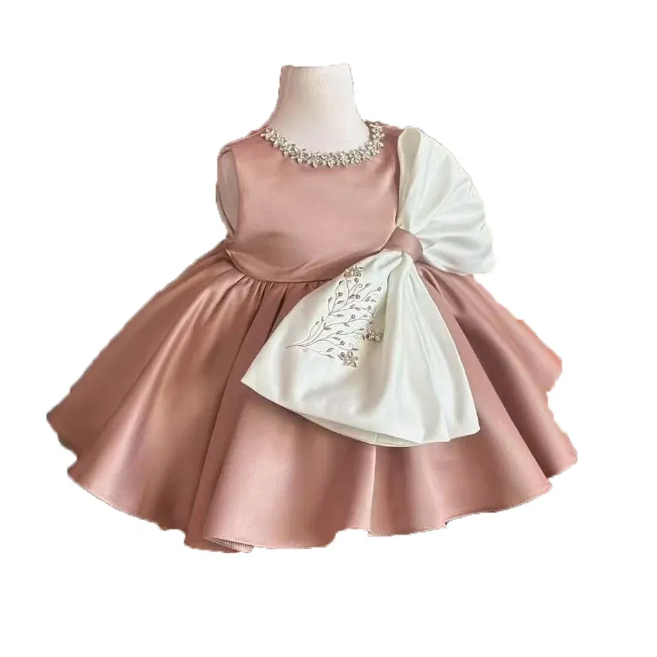 Color: Brown, Kid Size: 6T - 0-12Y Baby Girl Summer Diomand flower Embroidery Pink Dress with Big Bow for Casual Party Holiday B37