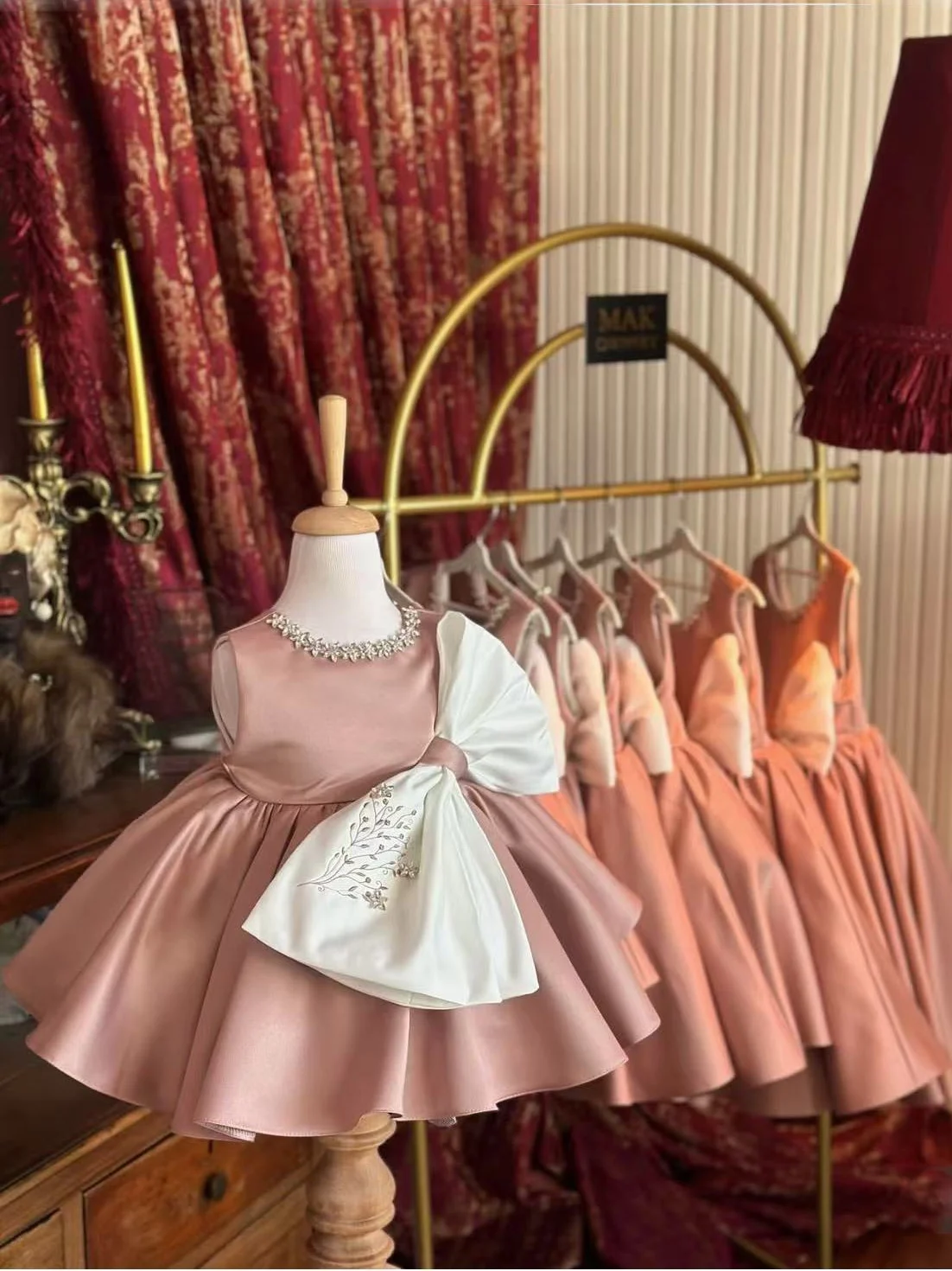Color: Brown, Kid Size: 6T - 0-12Y Baby Girl Summer Diomand flower Embroidery Pink Dress with Big Bow for Casual Party Holiday B37