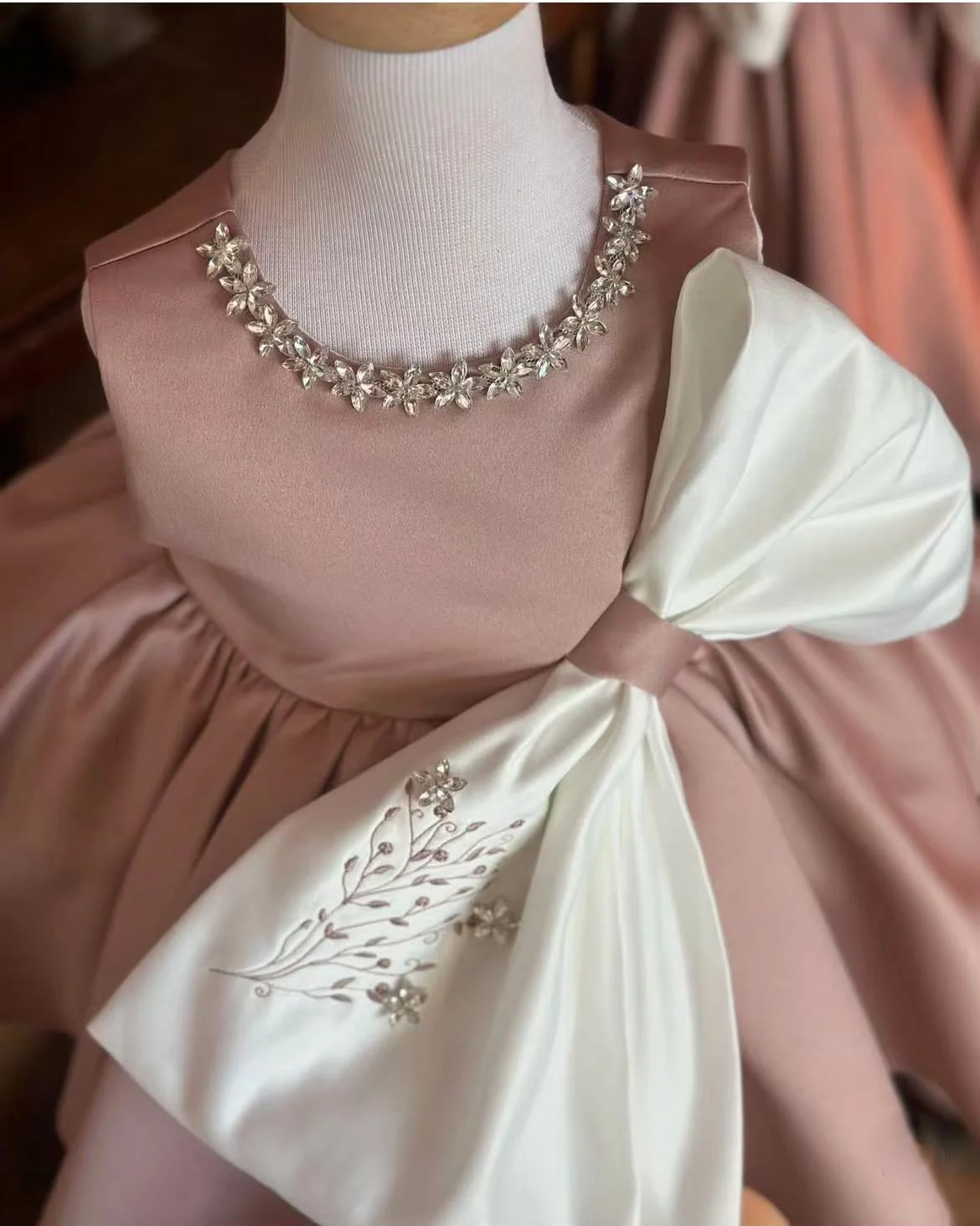 Color: Brown, Kid Size: 6T - 0-12Y Baby Girl Summer Diomand flower Embroidery Pink Dress with Big Bow for Casual Party Holiday B37