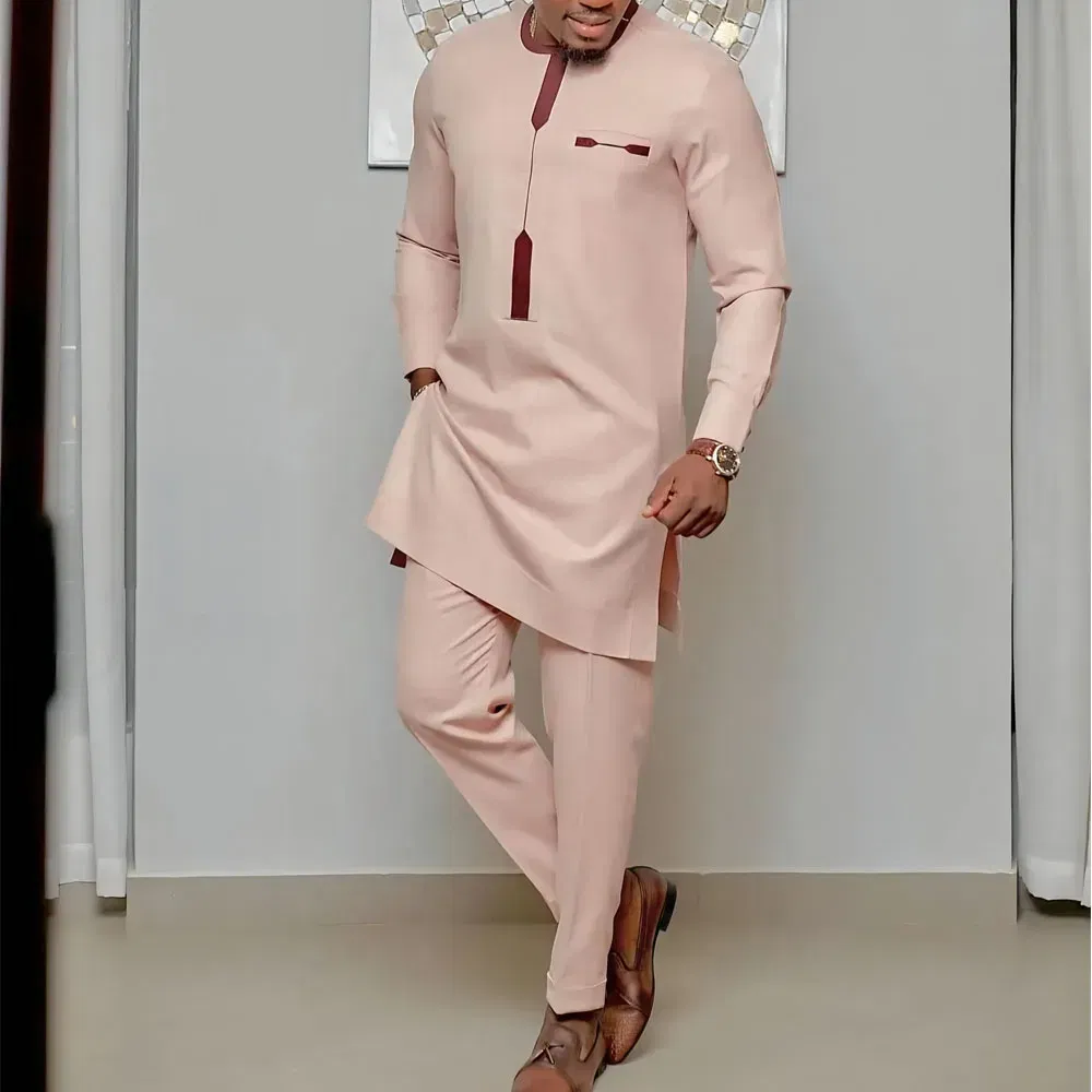 Color: WHITE, Size: XL - 2024 New African Traditional Men's Set Elegant and Fashionable Men's Suit Casual Embroidery Two Piece Set Men's Suit Kaftan