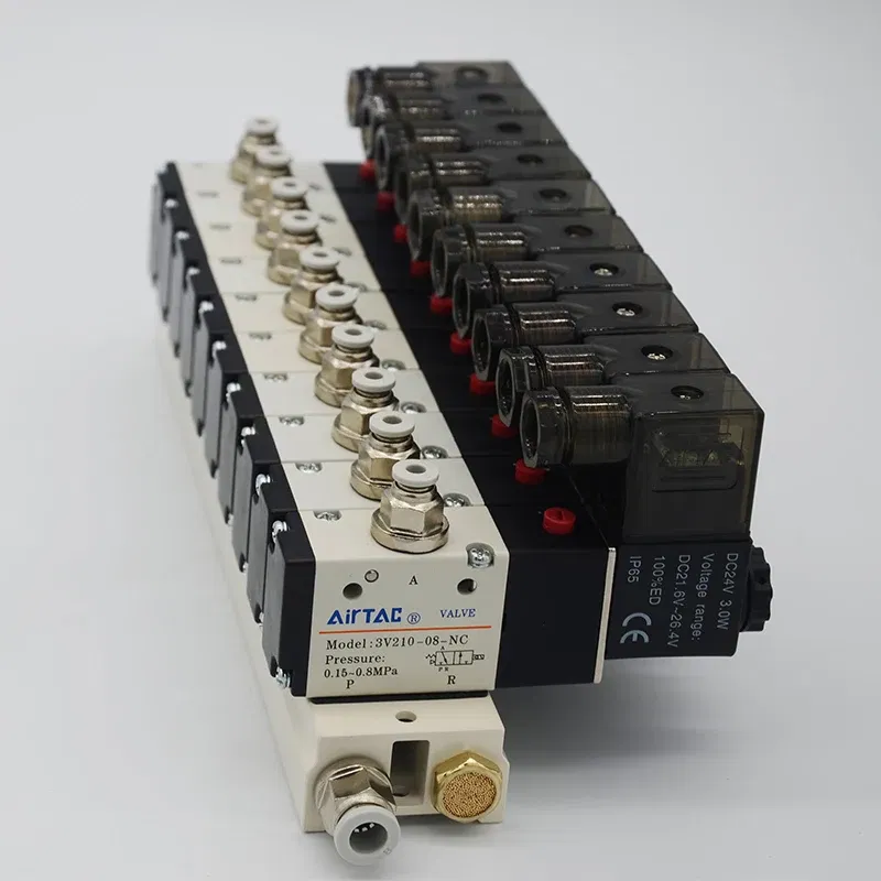 Color: Black, Specification: 1" - 3V210-08 Manifold Station Solenoid Valve  3 port 2 position Multi-way Combination DC12V 24V AC220V With Fitting Solenoid Valves