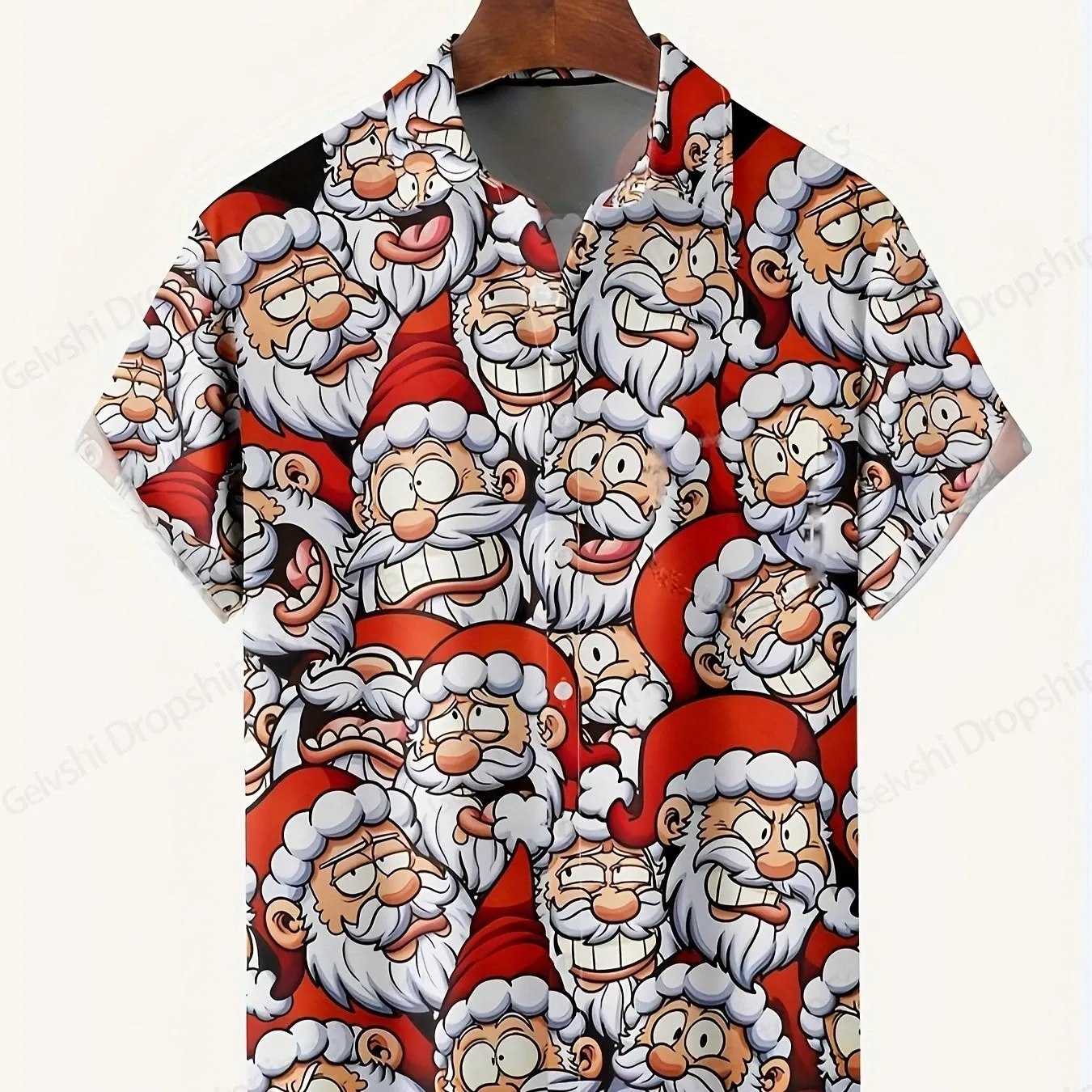 Color: Khaki, Size: XXXL - Men's Retro Christmas Hawaiian Shirt Men Women Fashion Cartoon Santa Claus Shirts Short Sleeve Blouse Festive Holiday Top Elk