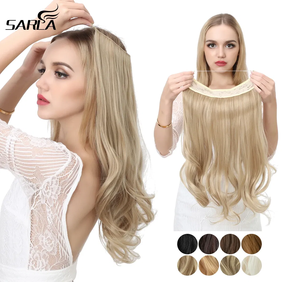 Color: T1B/350, Stretched Length: 22INCHES - Synthetic No Clip Wave Hair Extensions Ombre Natural Black Blonde Pink One Piece False Hairpiece Fish Line Fake Hair Piece
