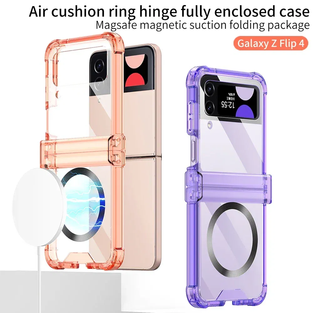 Color: Blue, Material: Aluminum - Colorful Transparent Folding Hinge For Samsung Galaxy Z Flip 4 3 Magsafe Magnetic Wireless Charging Case Shockproof Hard Cover