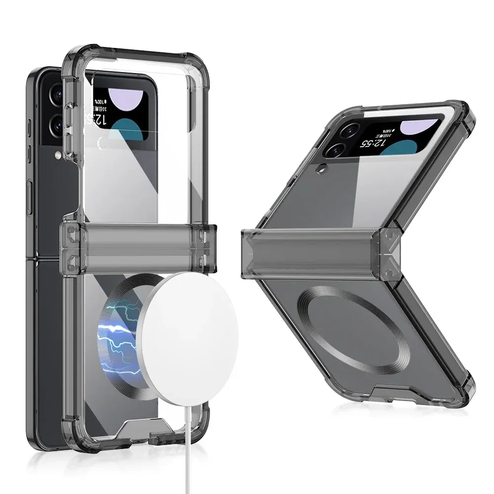 Color: Blue, Material: Aluminum - Colorful Transparent Folding Hinge For Samsung Galaxy Z Flip 4 3 Magsafe Magnetic Wireless Charging Case Shockproof Hard Cover