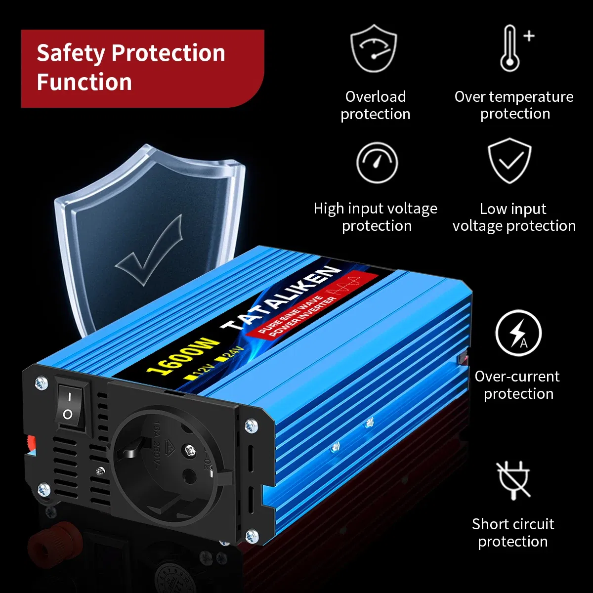 Color Name: Orange - Pure Sine Wave Inverter 1600W/2200W/3000W/4000W DC 12V/24V to AC 220V 50hz Power Inverter Charger Converter Adapter EU Socket