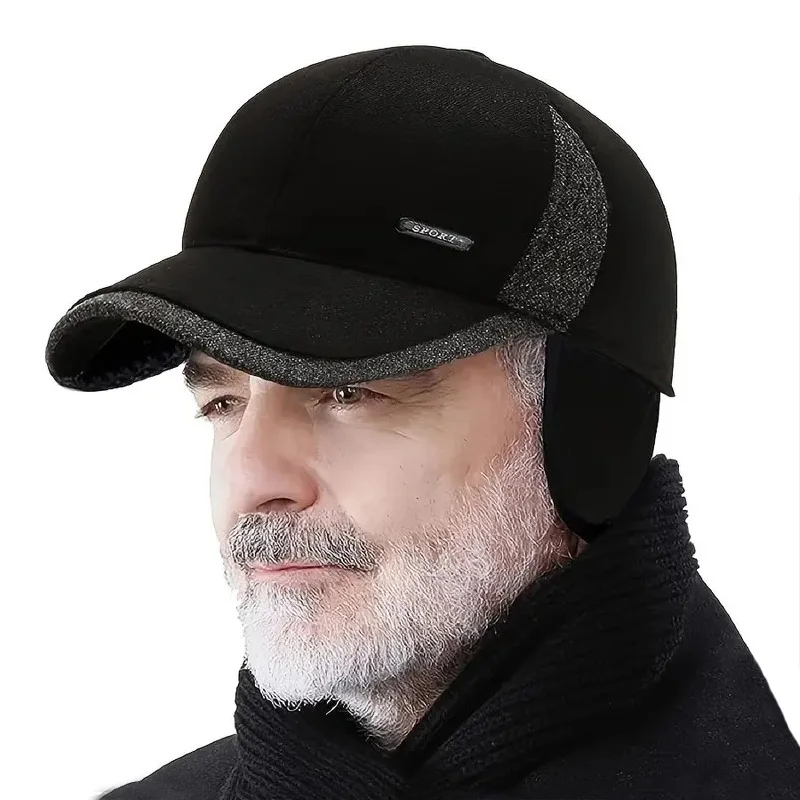 Color: black, Size: Adjustable - Auturnn Thick Warm Men Winter Baseball Cap With Ear Flaps, Ideal choice for Gifts