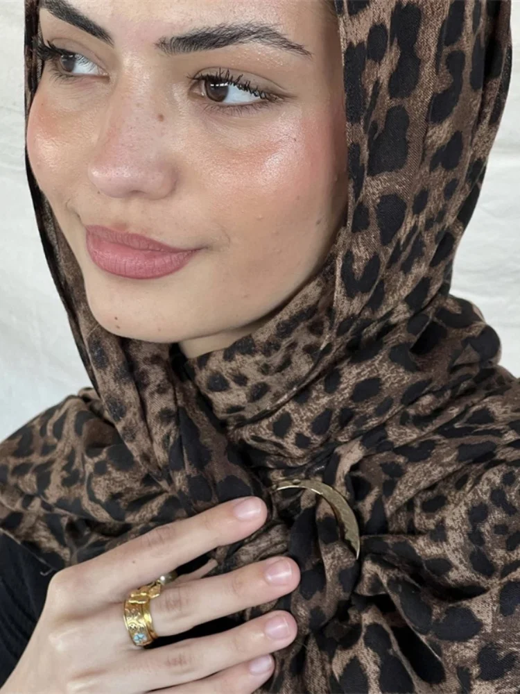 Color: PURPLE - 1Pcs Ramadan Hijab Leopard Print Women Bohemian Watercolor Soft Muslim Hijabs Floral Breathable Shawl Wrap Scarf Headscarf Warm