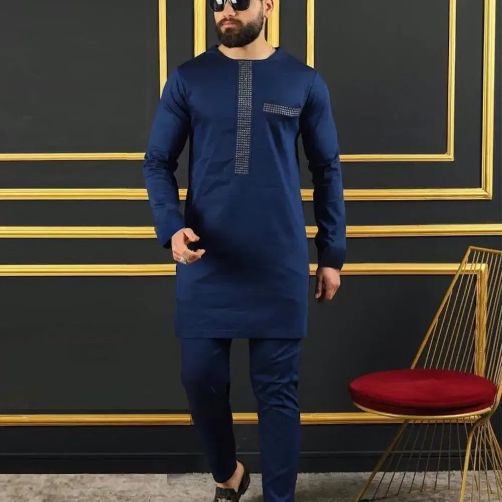 Color: Blue, Size: 4XL - 2024 New African Traditional Men's Set Elegant and Fashionable Men's Suit Casual Embroidery Two Piece Set Men's Suit Kaftan