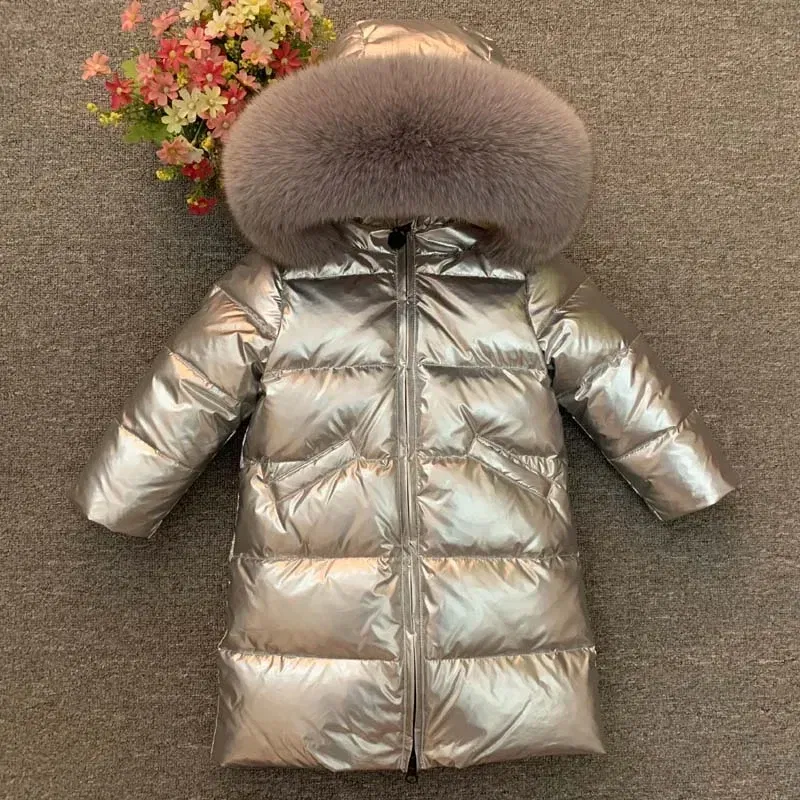 Color: PEACOCK BLUE, Kid Size: 6 - Children Girl boy Winter real fur thickened down jackets 90 down Long Coat jacket overcoat baby kids clothing -30 outwear ws1245