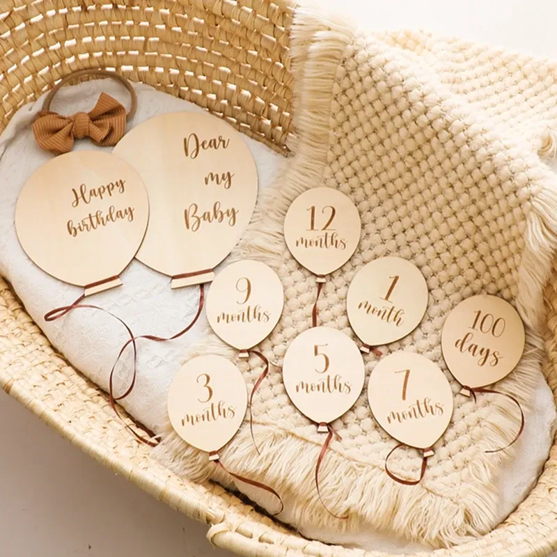Color: Dark Grey, Ships From: CHINA - Baby Balloon Milestone Number Monthly Memorial Month Card Newborn Baby Wooden Engraved Age Photography Accessories Birthing Gift