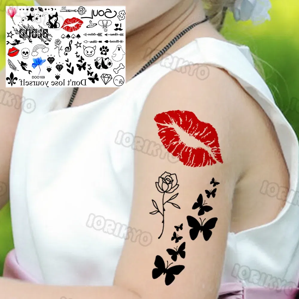 Color: PURPLE - Sexy Red Lips Flower Temporary Tattoo For Kids Boys Girls Adult Small Rose Butterfly Tattoos Sticker Fake Tatoos Arm Neck Face
