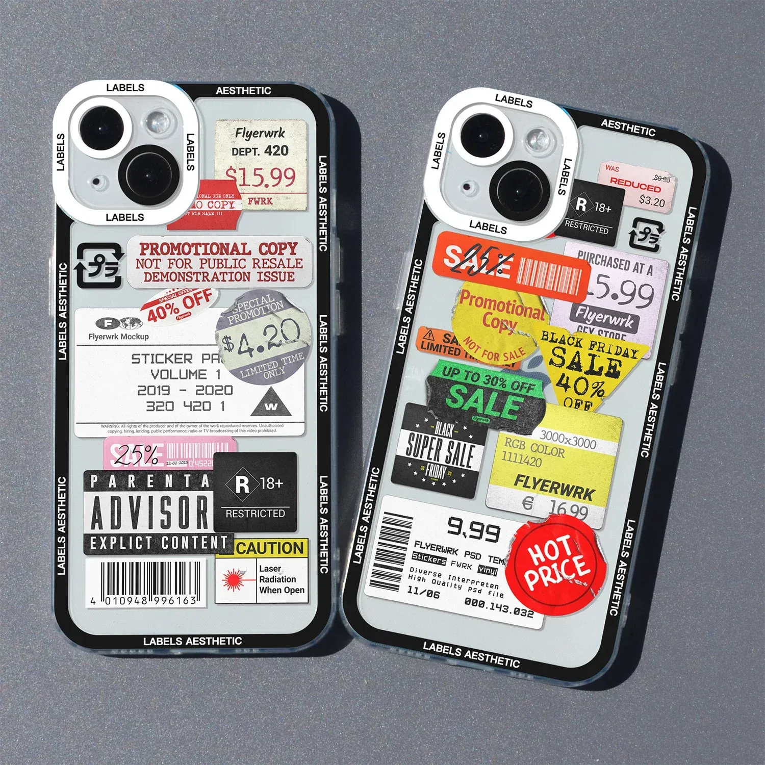 Color: SKY BLUE, Material: PC - Mix Labels Aesthetic Stickers Collage Phone Case For iPhone 16 15 14 13 12 11 Pro Max Mini XS X XR SE 7 8 Plus Clear Soft Cover