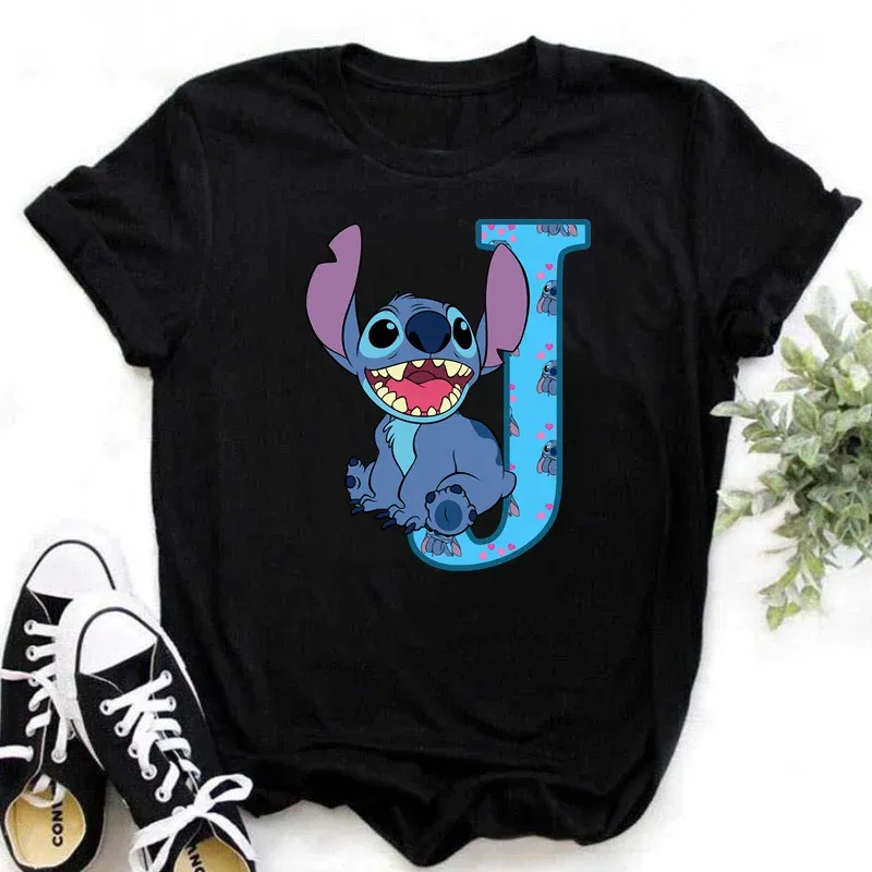 Color: Khaki, Size: XXXL - Disney Lilo&Stitch A-Z Alphabet Summer Women's Printed T-Shirt Women's Casual Tops T-Shirt Fashion Cartoon Plus Size T-Shirt