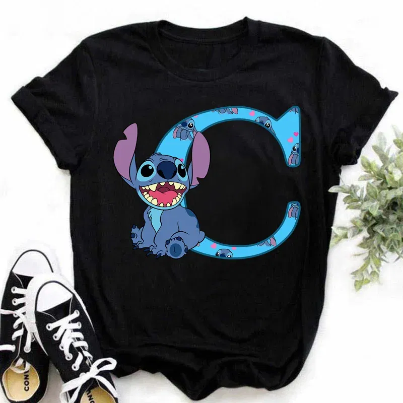 Color: Khaki, Size: XXXL - Disney Lilo&Stitch A-Z Alphabet Summer Women's Printed T-Shirt Women's Casual Tops T-Shirt Fashion Cartoon Plus Size T-Shirt