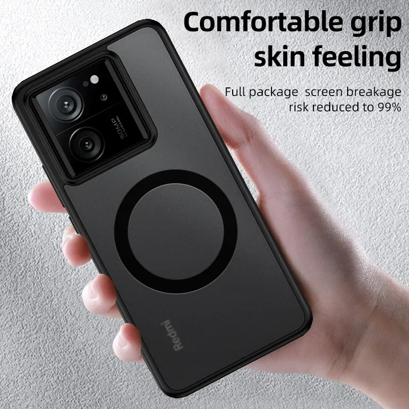 Color: Red, Material: aluminum - Matte & Clear Magnetic Wireless Charging Armor Magsafe Case For Xiaomi 14 13T Mi 13T 14 Mi13T Pro Military Shockproof Back Cover