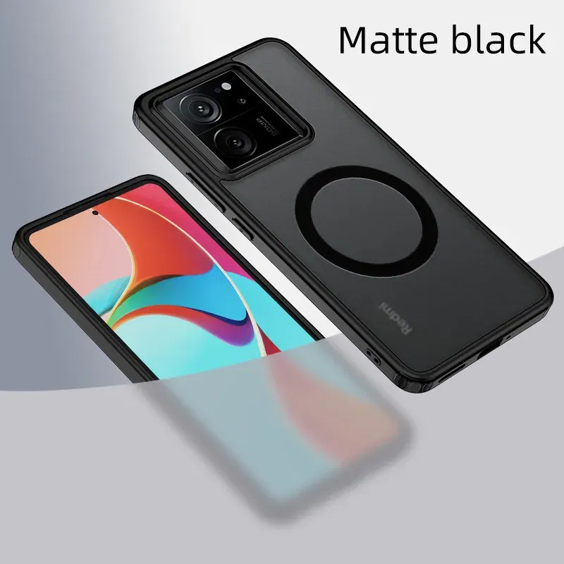 Color: Red, Material: aluminum - Matte & Clear Magnetic Wireless Charging Armor Magsafe Case For Xiaomi 14 13T Mi 13T 14 Mi13T Pro Military Shockproof Back Cover