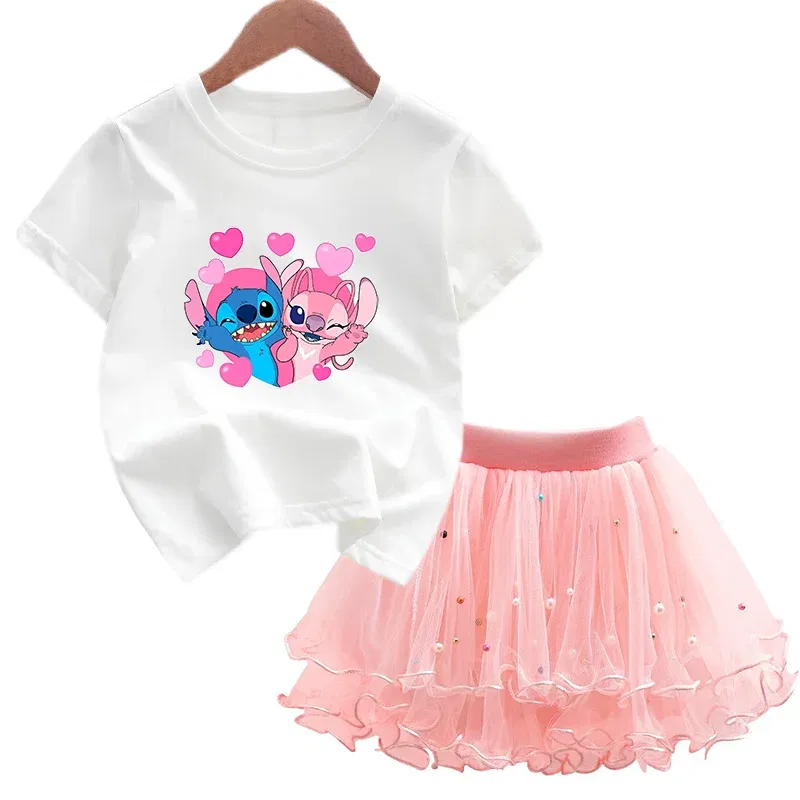 Color: GRAY, Kid Size: 4 - 2pcs Lilo Stitch Summer Girls Outfits Cartoon T-shirt and Tutu Skirt Princess Clothes Suit Children Birthday Clothing Sets
