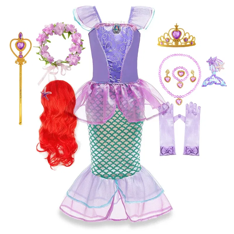 Color: PURPLE, Kid Size: 11 - Disney Little Mermaid Ariel Costumes for Girls Princess Dress Cosplay Halloween Carnival Kids Birthday Party Dress Up Clothing