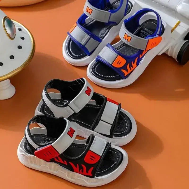 Color: black, Shoe Size: 2.5 - Baby Sandals Flame Pattern Boy Sandals Soft Sole Anti-slip Boys Girls Children Shoes