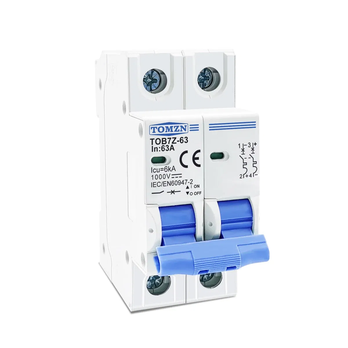 Rated Current: 3A - 2P DC 1000V Solar Mini Circuit Breaker 3A 6A 10A 16A 20A 25A 32A 40A 50A 63A DC MCB for PV System