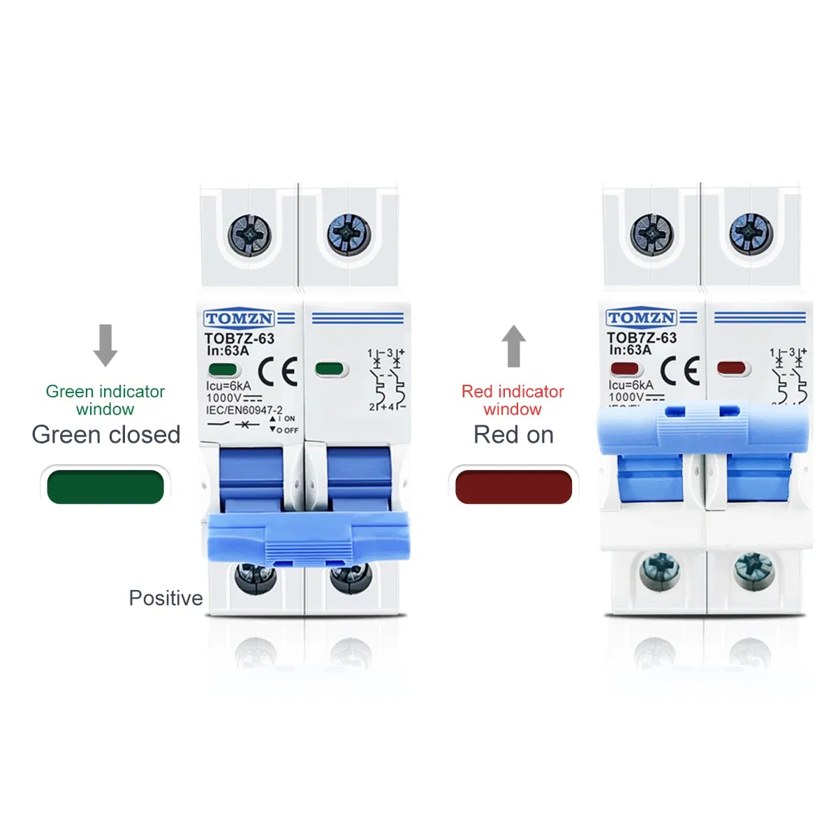 Rated Current: 3A - 2P DC 1000V Solar Mini Circuit Breaker 3A 6A 10A 16A 20A 25A 32A 40A 50A 63A DC MCB for PV System