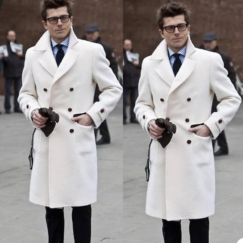Color: WHITE, Size: PP - Solid White England Style Woolen Overcoat Men's Thick Plus Double-Breasted Long Coat Casual Winter Fashion Warm Jacket