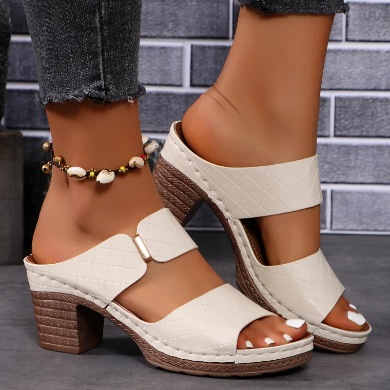 Color: Beige, Shoe Size: 37 - Women Summer Lightweight Hollow Sandals High Heels New Dress Chunky Open Toe Slippers Female 2024 Casual Slingback Slides Shoes