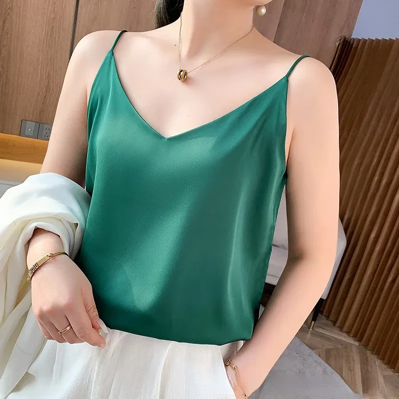 Color: army green, Size: S - Fashion Silky Camisole Women's Inner With White Bottoming Satin Top Summer V-neck Thin Section
