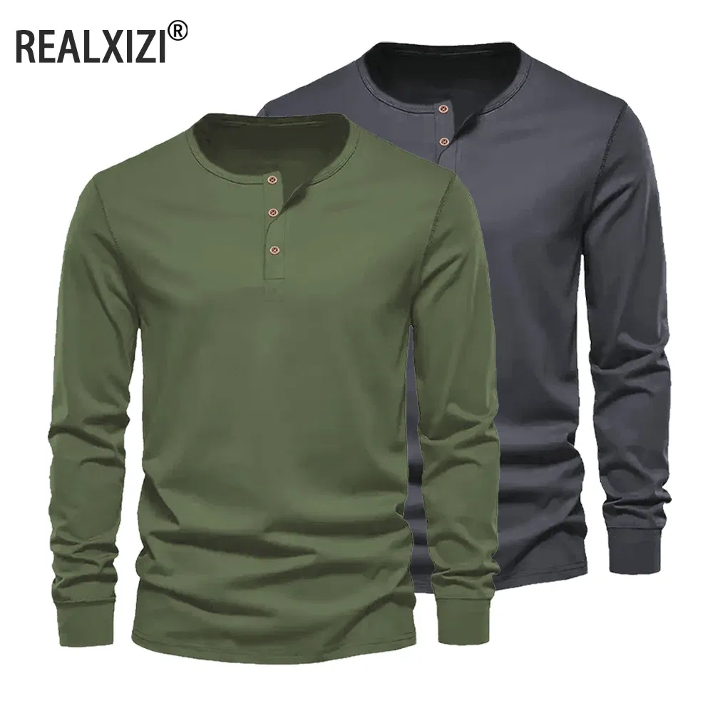 Color: Brown, Size: M - Men's Long Sleeved Henley Neck T-shirt Slim Fit Bottoming Shirt Fitness Tops Tees Button Neck Casual Cozy Tshirt