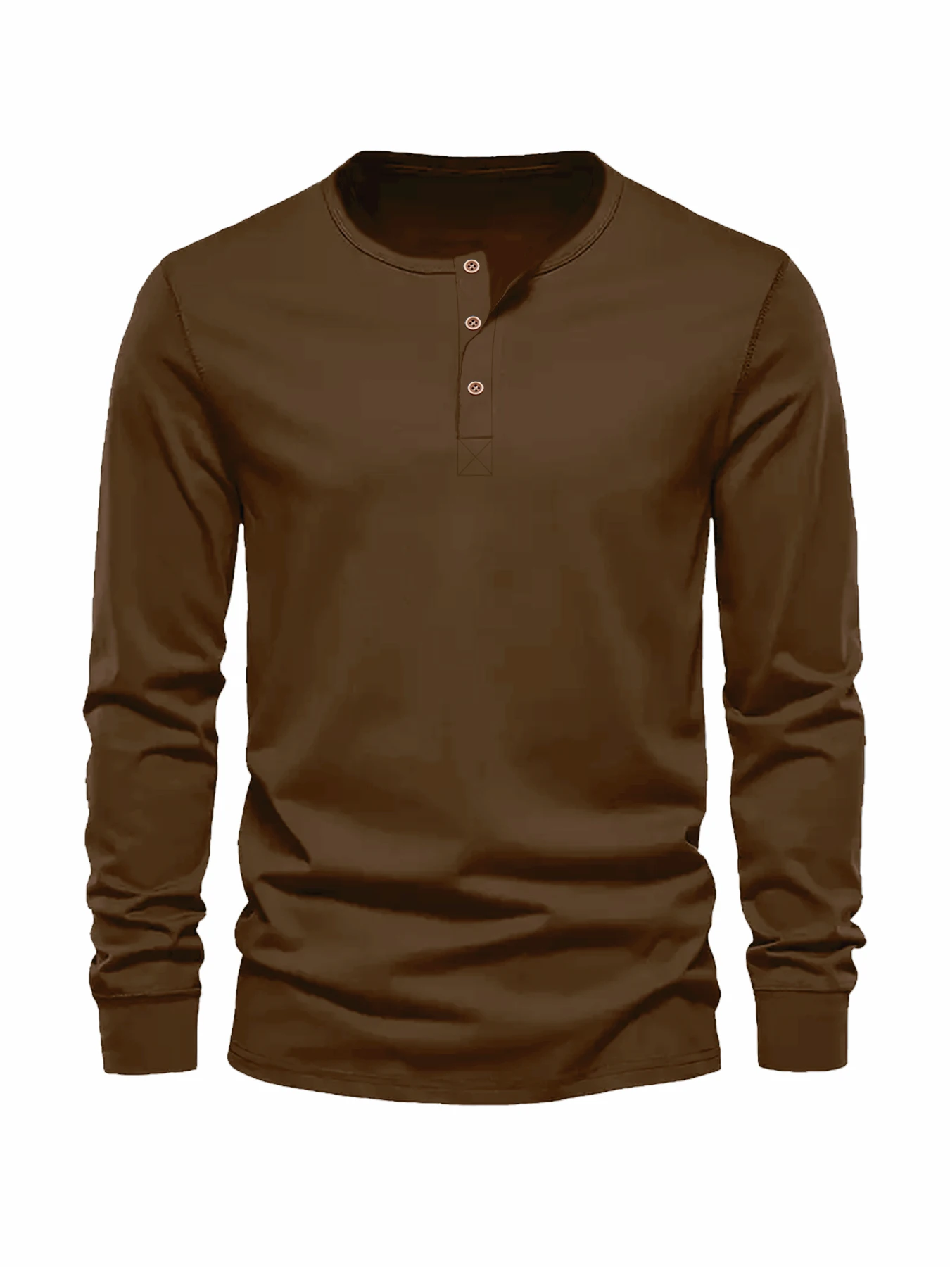Color: Brown, Size: M - Men's Long Sleeved Henley Neck T-shirt Slim Fit Bottoming Shirt Fitness Tops Tees Button Neck Casual Cozy Tshirt