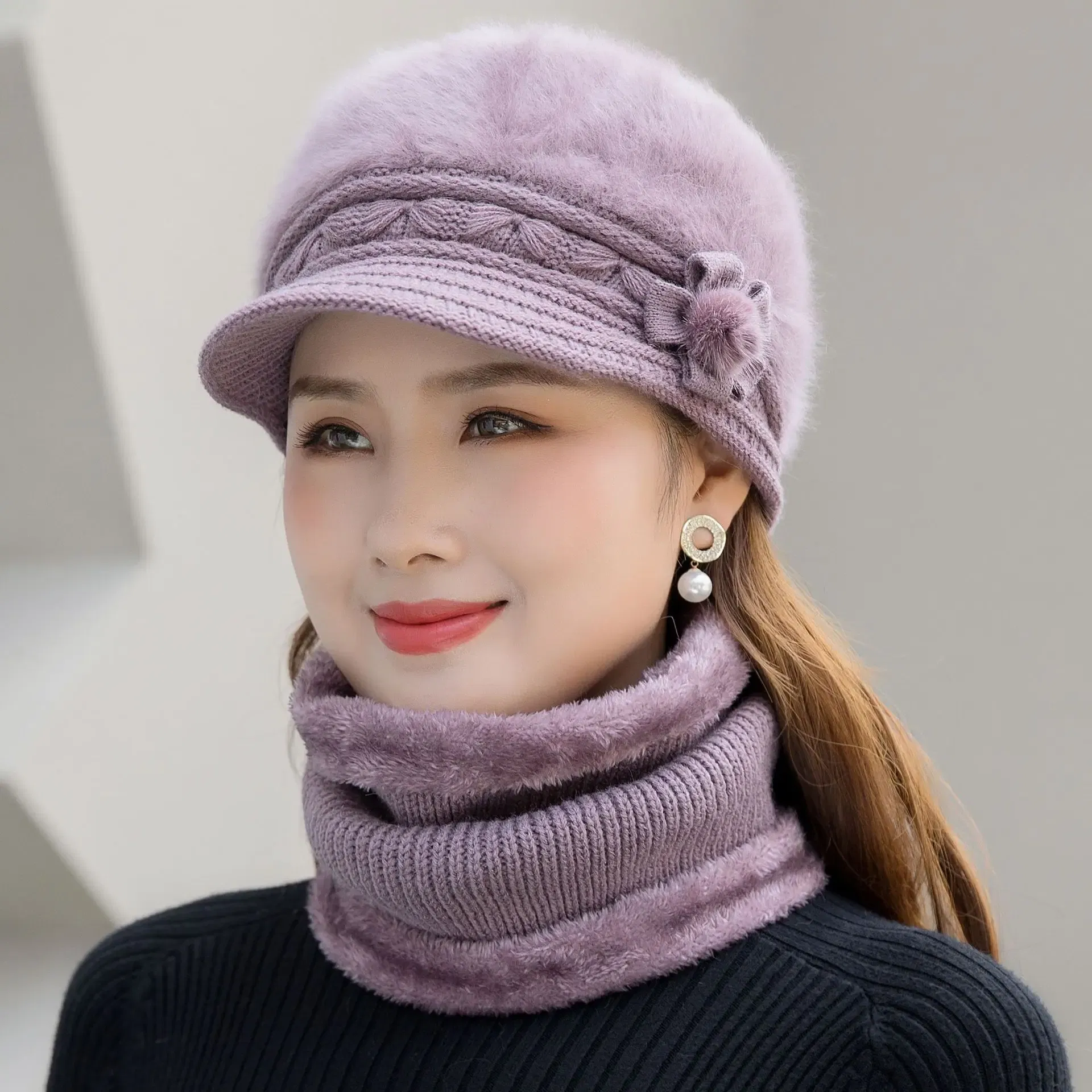 Color: Blue - New Women Winter Hat Keep Warm Cap Add Fur Lined Hat & Scarf Warm Set Fashion Hat For Women Casual Faux Fur Flower Knitted Hat
