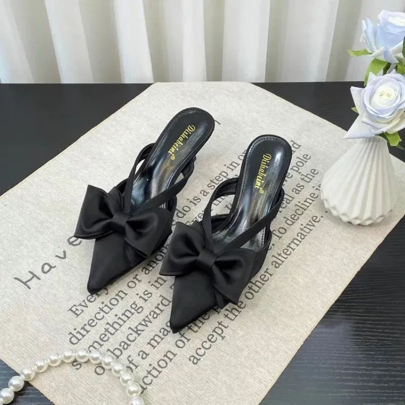 Color: Beige, Shoe Size: 38 - Fairy Style Pink Cool Slippers for Women's Summer 2024 French Pointed Bow Hollow High Heels, Half Wrapped Women's Slippers