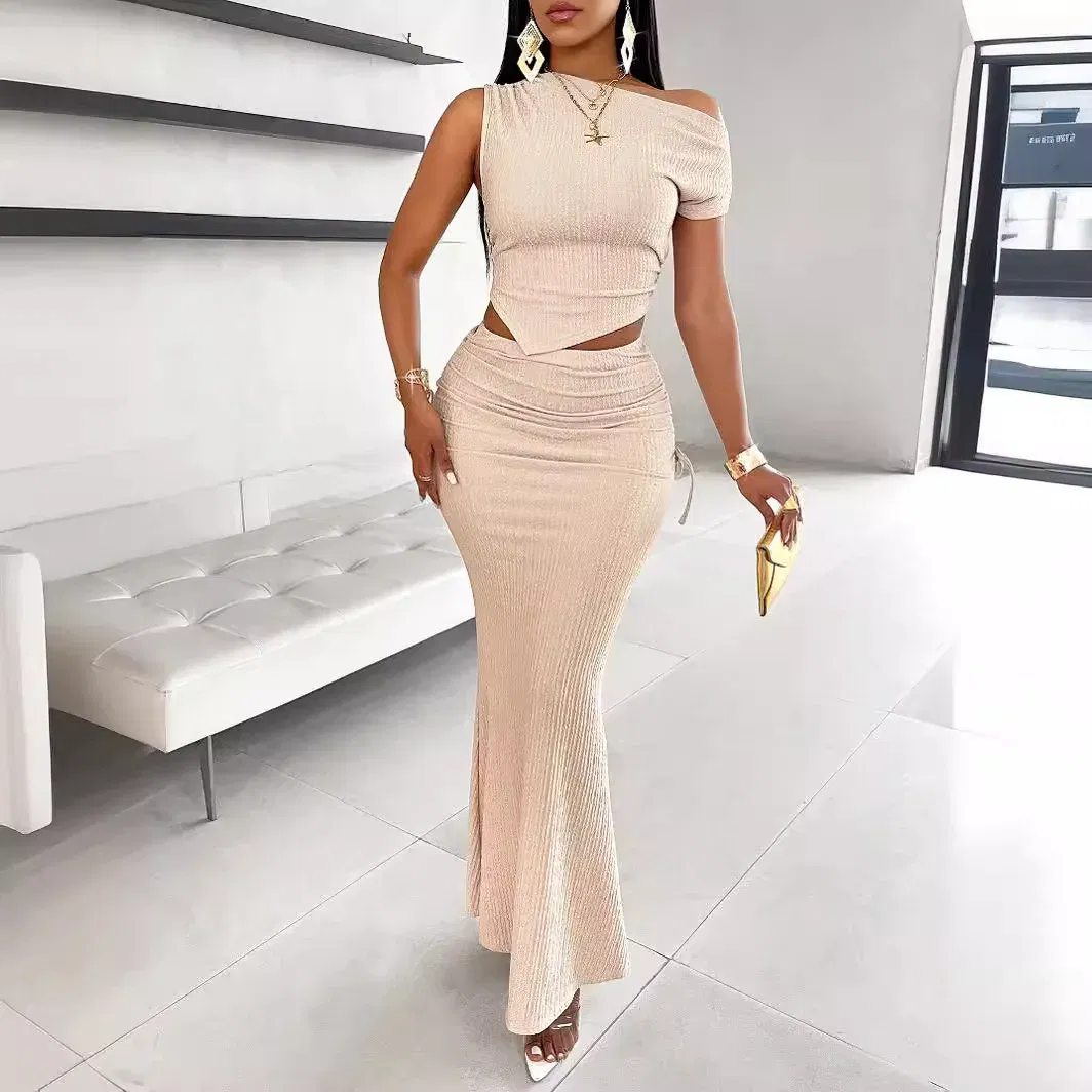 Color: APRICOT, Size: XL - Women Two Piece Sets Fishtail Skirt Set Dress Sets Sexy Bodycon One Shoulder Short Tops Long Skirts High Waist Elegant Splice