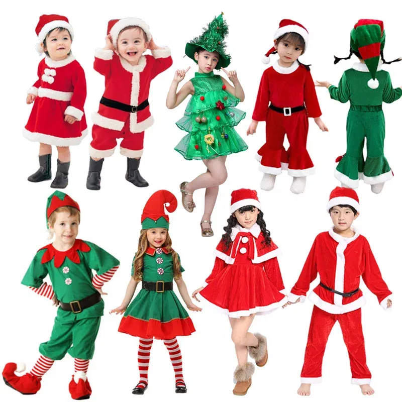 Color: Brown, Kid Size: 5 - New Year Kids Santa Claus Costume Green Elf Cosplay Christmas Carnival Party Fancy Dress for Girls Boys Red Xmas Clothes Set