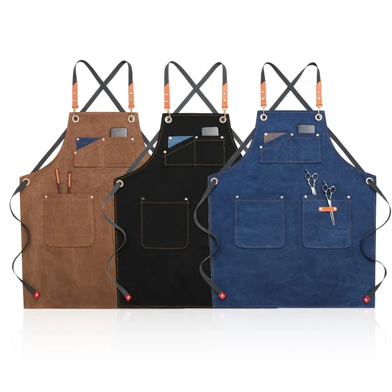 Color: Burgundy - Apron Men Women Aprons W/ Large Pockets Cooking Aprons, Canvas Cross Back Apron Adjustable Strap Baker Apron Kitchen Baking Bib