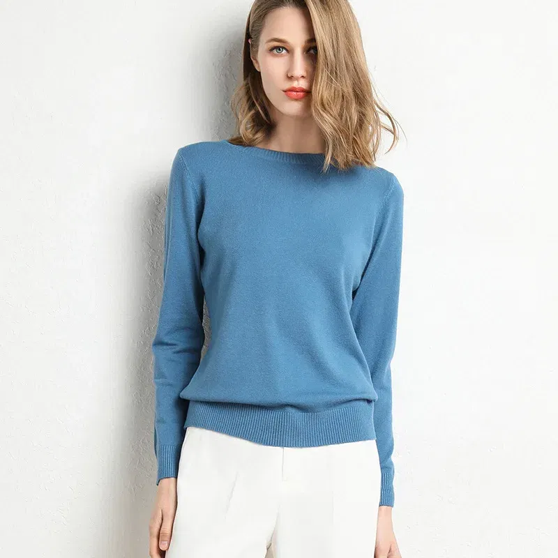 Color: Pink, Size: S - Women Slim O-Neck Solid Pullover Cashmere Wool Blending Sweater Autumn And Winter Long-Sleeved Knit Bottoming Shirt Large Size