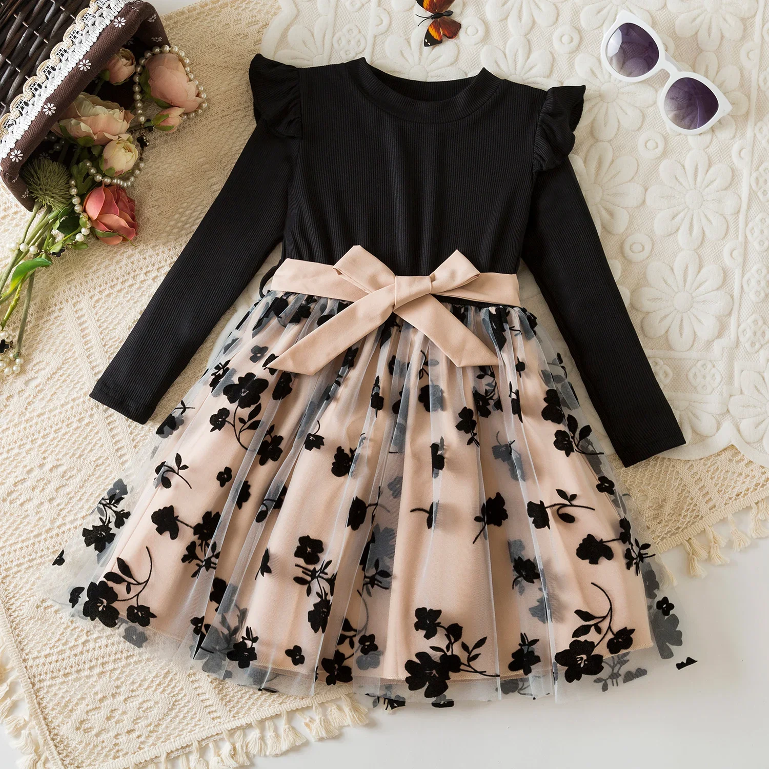 Color: Brown, Kid Size: 4T - Spring Autumn Full Sleeve Dress for Girls 3 to 8 Yrs Flower Girl Dress Children's Casual Clothing New Long Seelve Princess Dress