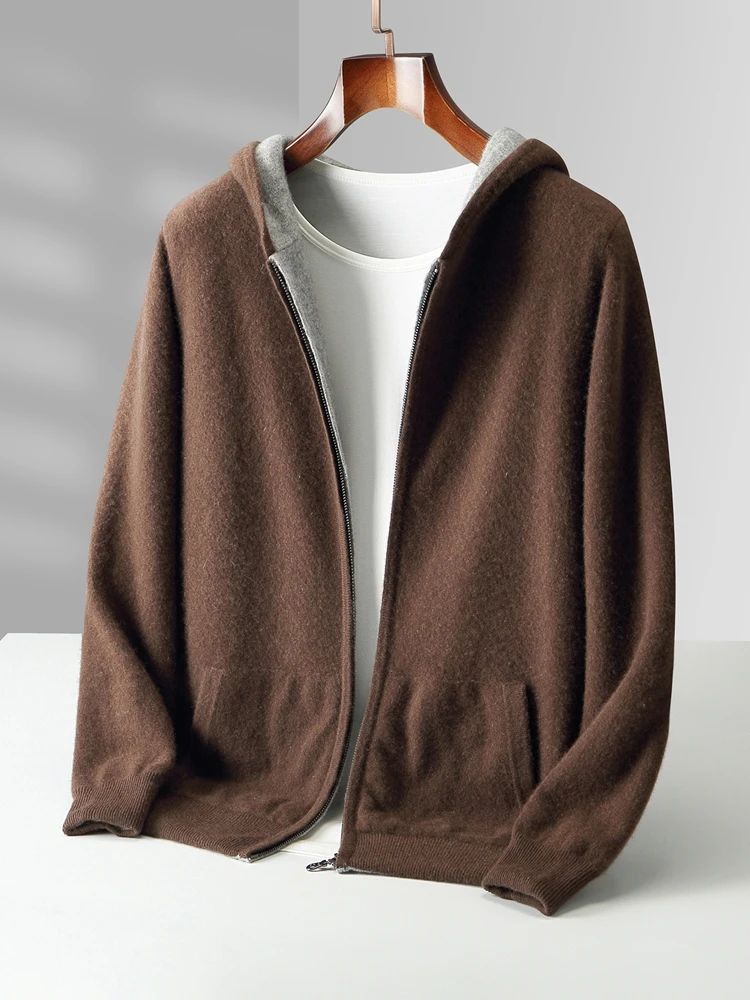 Color: black, Size: XXL - Reversible Men's Wool Cardigan Sweater Autumn Winter Hooded  Solid 100% Merino Wool Knitted Casual Simple Man Jackets Thick Warm