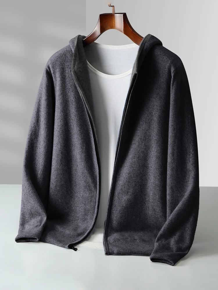 Color: black, Size: XXL - Reversible Men's Wool Cardigan Sweater Autumn Winter Hooded  Solid 100% Merino Wool Knitted Casual Simple Man Jackets Thick Warm