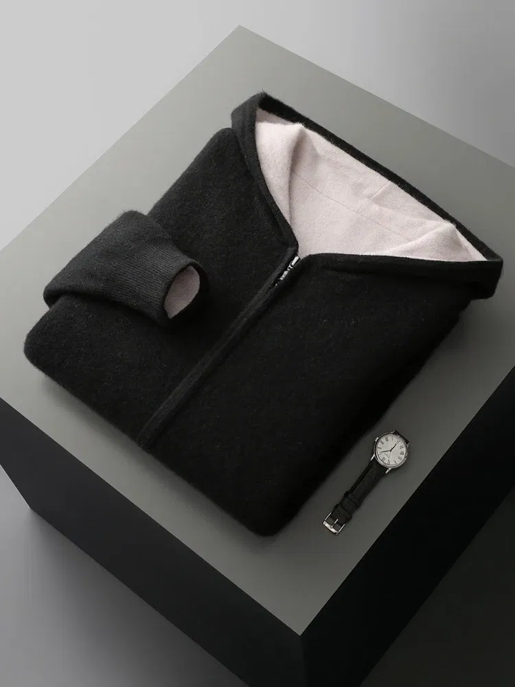 Color: black, Size: XXL - Reversible Men's Wool Cardigan Sweater Autumn Winter Hooded  Solid 100% Merino Wool Knitted Casual Simple Man Jackets Thick Warm