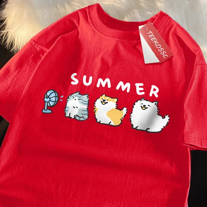 Color: green, Size: L - Cats And Dogs Blowing Fans Print T Shirts Men Women Cute Crewneck Clothes Loose Summer T-Shirts Fashion Cotton Short Sleeve