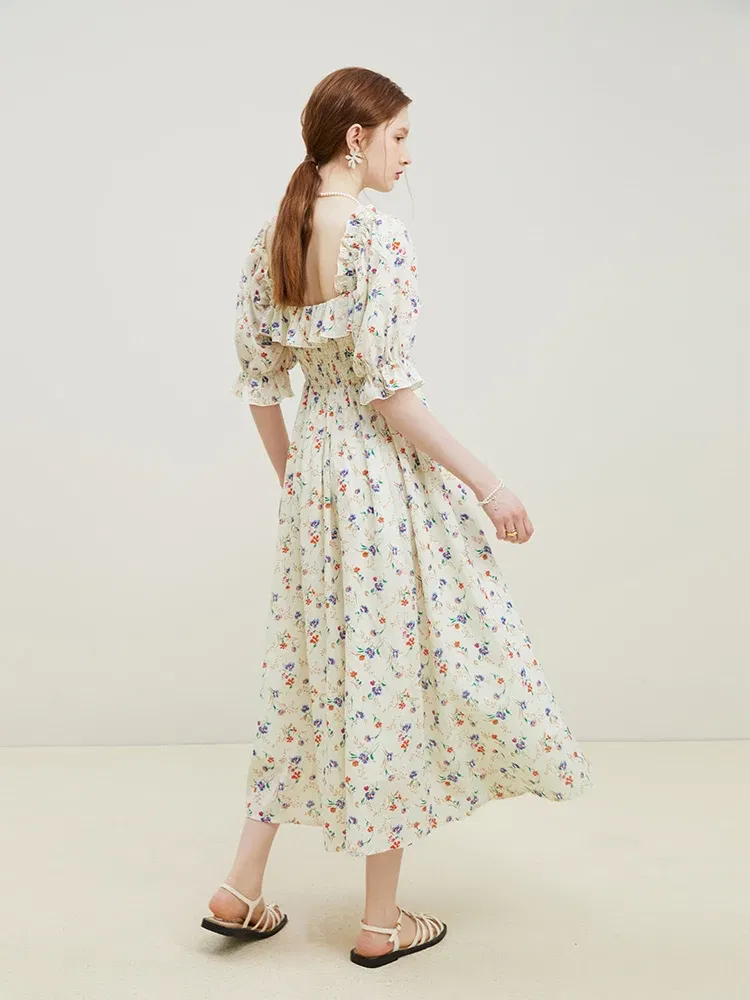 Color: Beige, Size: XL - FSLE Square Neck Women Loose 100% Cotton Long Dresses Puff Sleeve Country Style Floral A-LINE Skirts Summer Female Sweet Dress