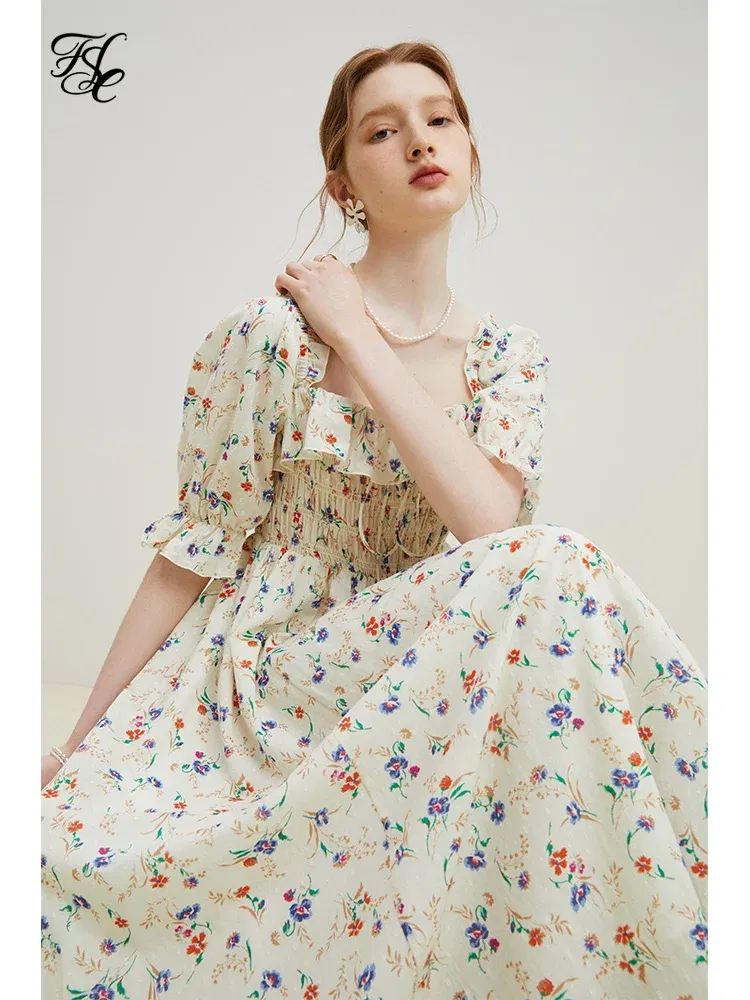 Color: Beige, Size: XL - FSLE Square Neck Women Loose 100% Cotton Long Dresses Puff Sleeve Country Style Floral A-LINE Skirts Summer Female Sweet Dress